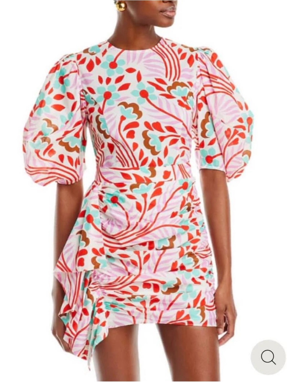RHODE Floral Puff-Sleeve Mini Dress in Pink, Red & Turquoise